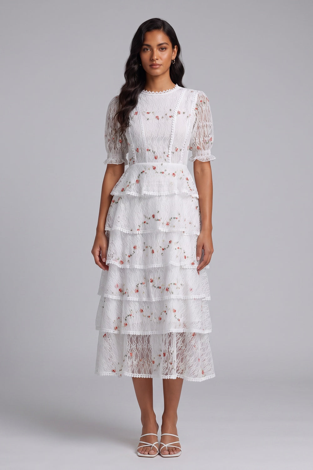 White Tiered Floral Midi Dress Premium Fabric - product view 4