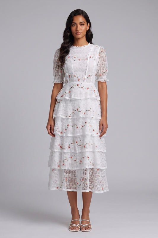 White Tiered Floral Midi Dress Premium Fabric - product view 4