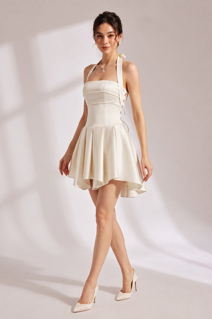 Halter Double Strap Satin Fit &amp; Flare Mini Dress