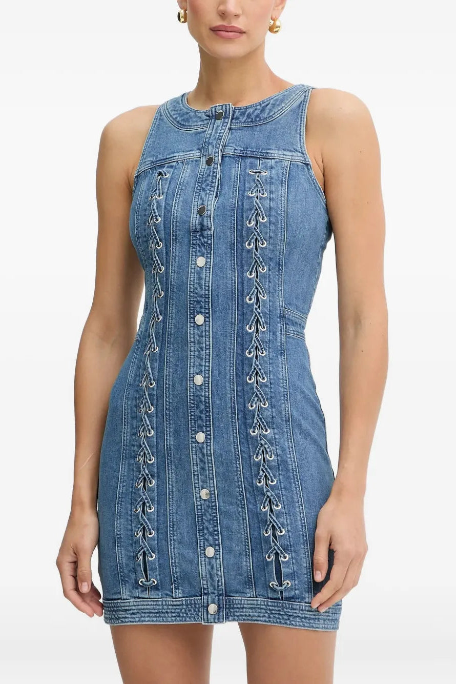 selena buttoned lace-up sleeveless mini dress in navy blue