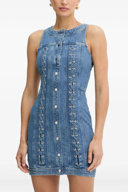 selena buttoned lace-up sleeveless mini dress in navy blue
