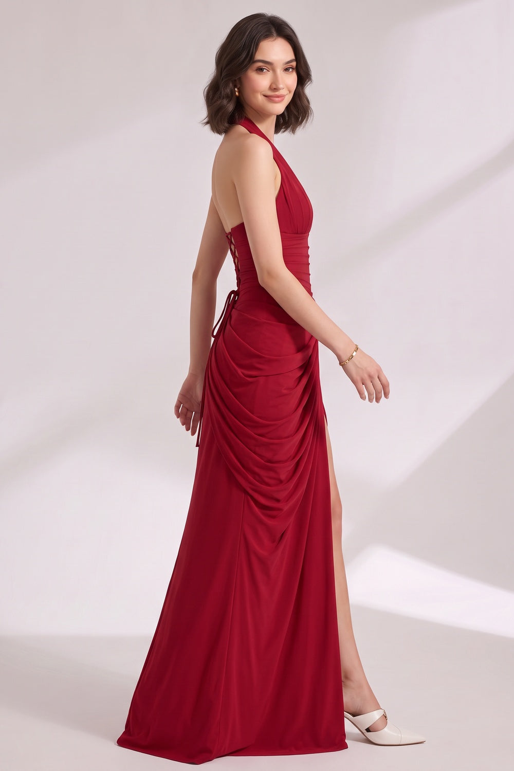 Deep Red Jersey Blend Column with Draped Overlay Gown deep red jersey blend gown - product view 4