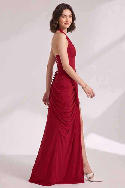 Deep Red Jersey Blend Column with Draped Overlay Gown deep red jersey blend gown - product view 4