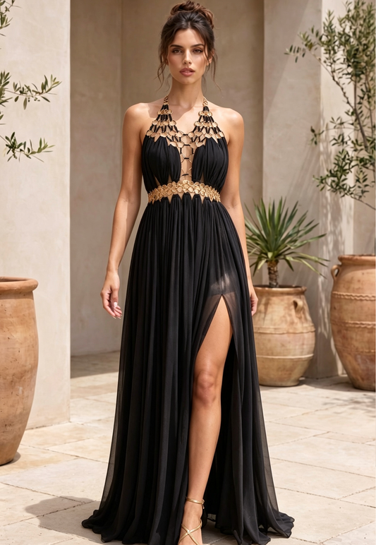 Black Chiffon A-Line Halter Evening Gown