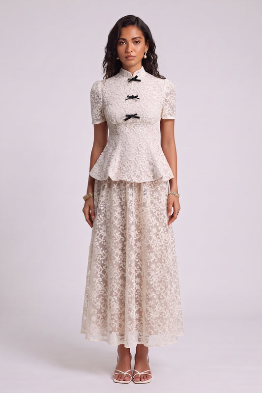 Ivory Lace Peplum Top & A-Line Maxi Skirt Two-Piece Set Ivory Lace Two-piece set - product view 2