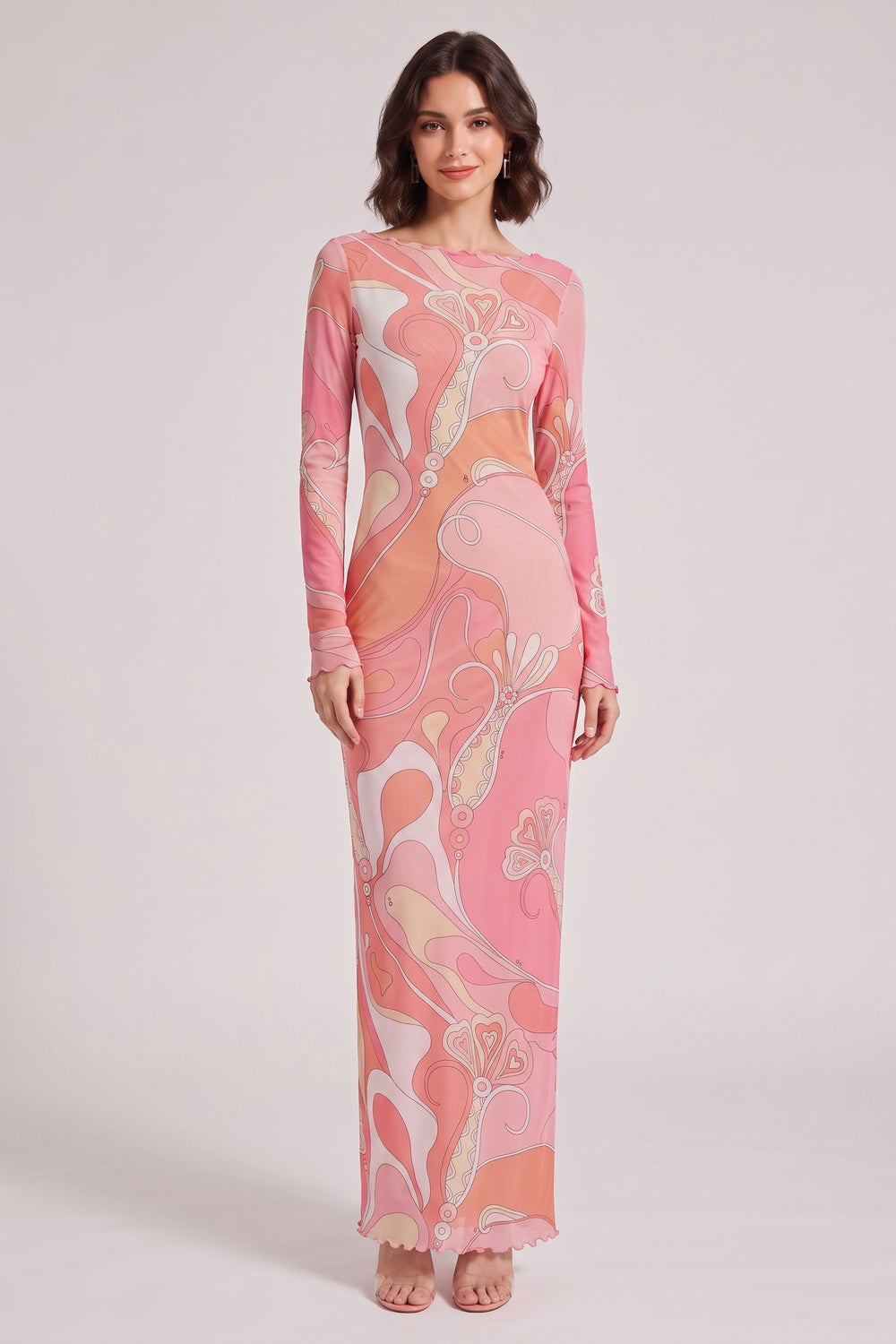 Pink Abstract Print Long Sleeve Maxi Dress with Ruffle Trim Premium Fabric - product view 4