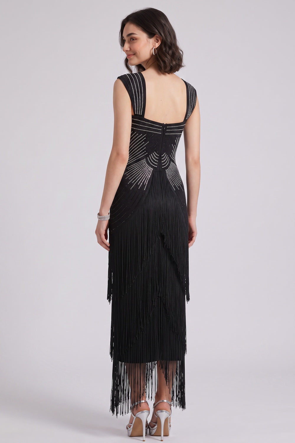 Black Art Deco Beaded Sheath Dress with Tiered Fringe black stretch knit dress - product view 5