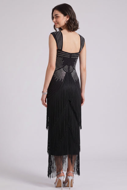 Black Art Deco Beaded Sheath Dress with Tiered Fringe black stretch knit dress - product view 5