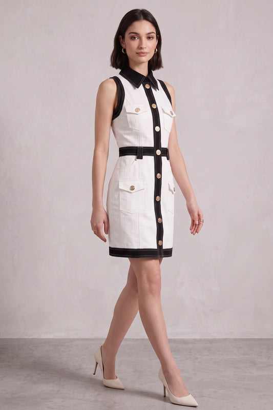 white structured cotton denim or canvas sheath dress white structured cotton denim or canvas dress - product view 3