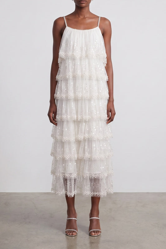 Sparkle Tulle Tiered Spaghetti Strap Midi Dress
