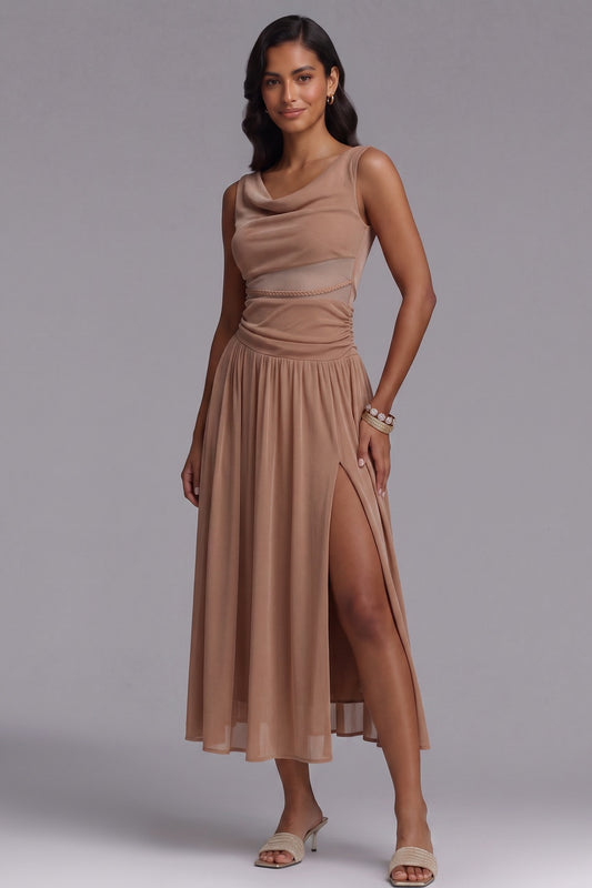 Beige Lightweight Jersey Fit-and-Flare Midi Dress beige lightweight jersey dress - product view 3