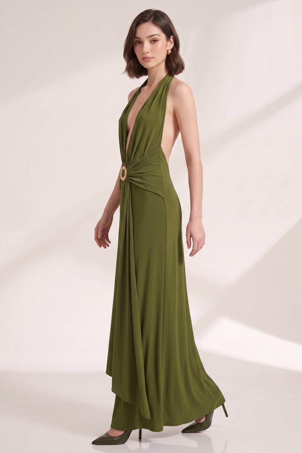 Olive Green Fluid Jersey Column Dress olive green fluid jersey dress - product view 2