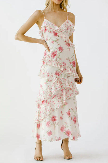 Floral Ruffle Tiered Maxi Dress - Pink & Ivory