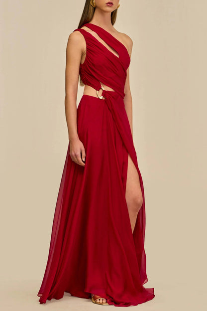 agatha one shoulder draped high slit silk gown in red