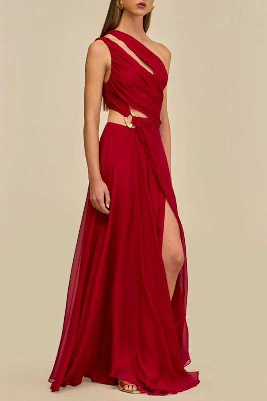 agatha one shoulder draped high slit silk gown in red
