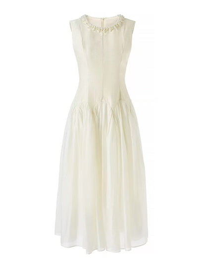 Sleeveless Midi Dress with Tulle Skirt and Pearl Embellished Collar - Ivoire
