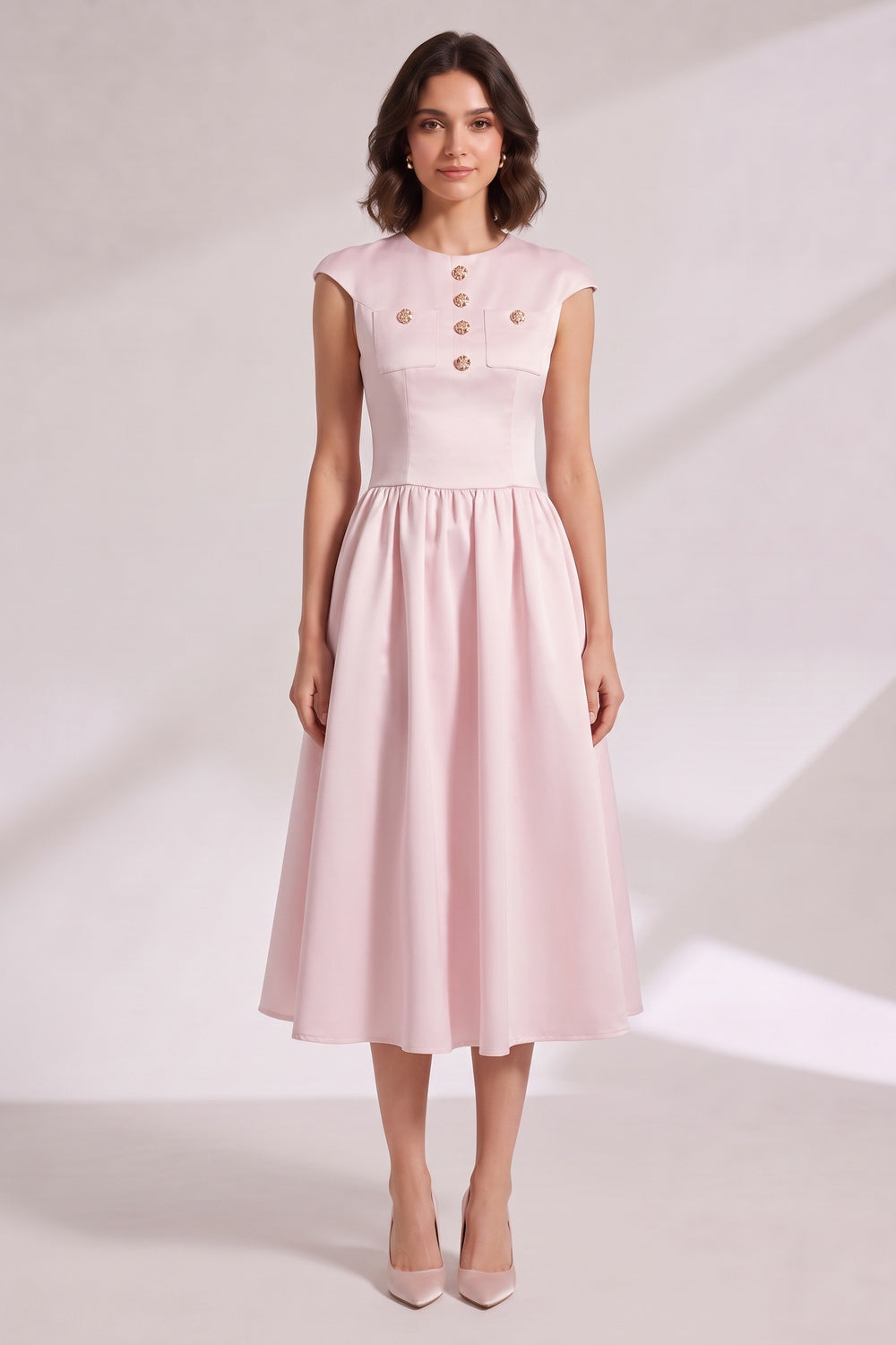 Pink Midi Dress with Cap Sleeves and Back Zipper Premium Fabric - product view 4