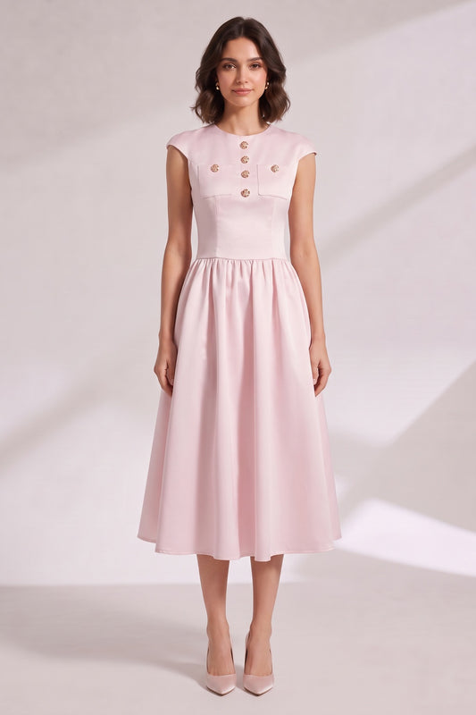 Pink Midi Dress with Cap Sleeves and Back Zipper Premium Fabric - product view 4