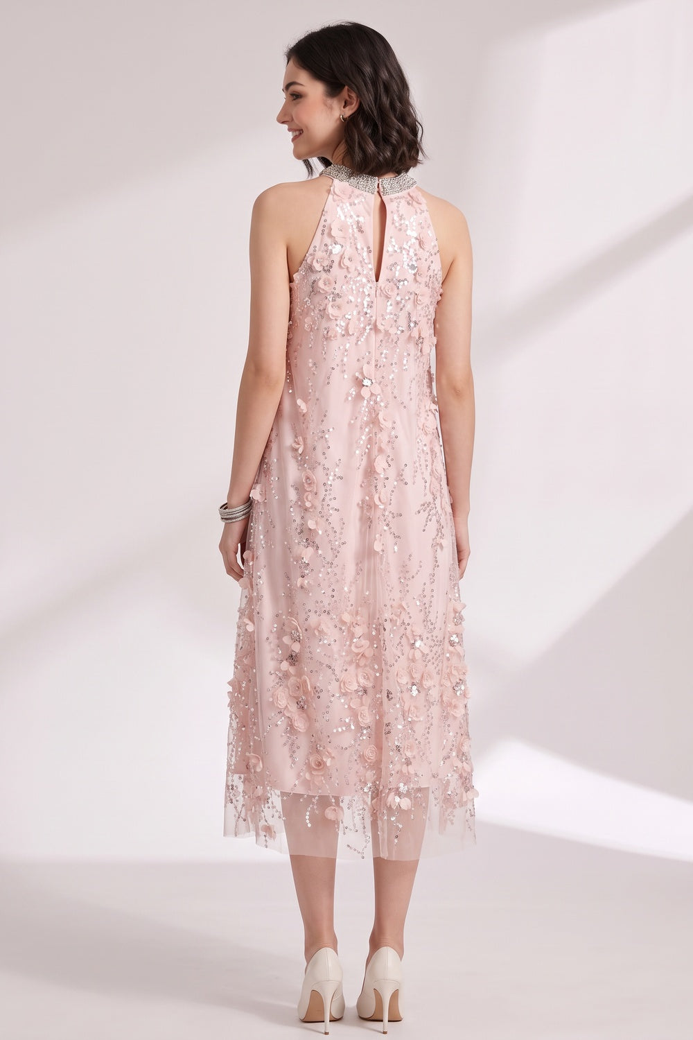 Blush Pink Tulle Mesh A-Line Shift Dress with Floral Embellishment blush pink tulle mesh dress - product view 5