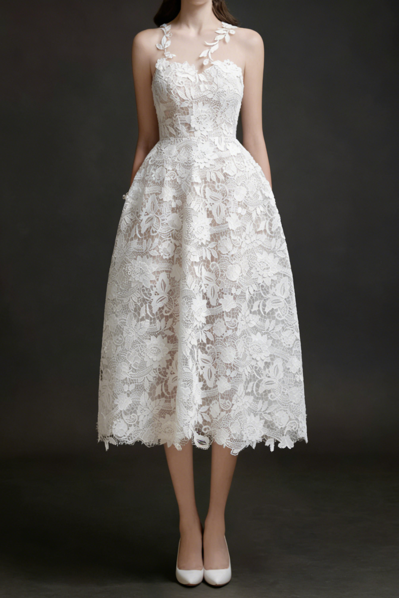 erica floral lace midi dress in white