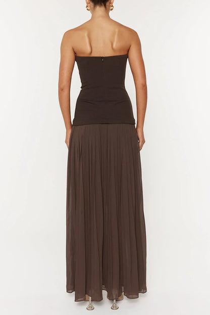 nelly pleated detail strapless maxi dress in brown