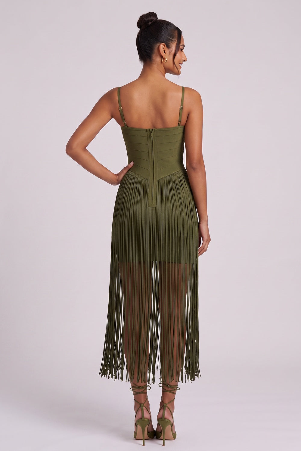 Olive Green Heavy Stretch Knit Fitted Bodice with Straight Fringe Skirt Dress olive green heavy stretch knit dress - product view 5