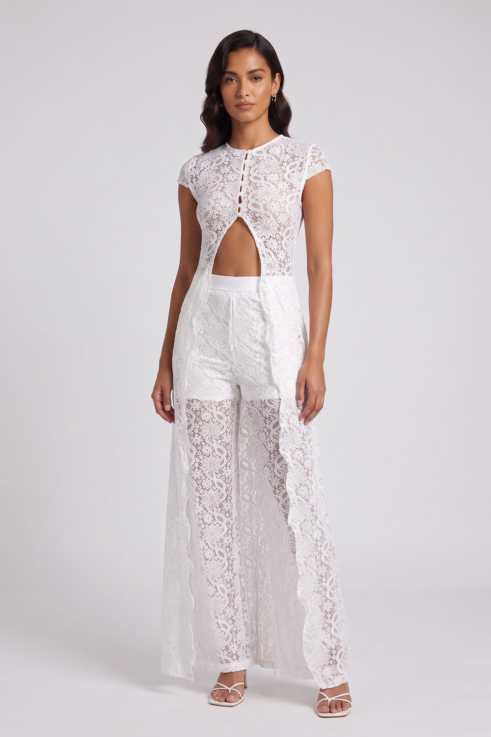 White Floral lace Slim-fit maxi top with high front slit; high-waisted wide-leg pants Two-piece set (longline tunic and pants) White Floral lace Two-piece set (longline tunic and pants) - product view 1