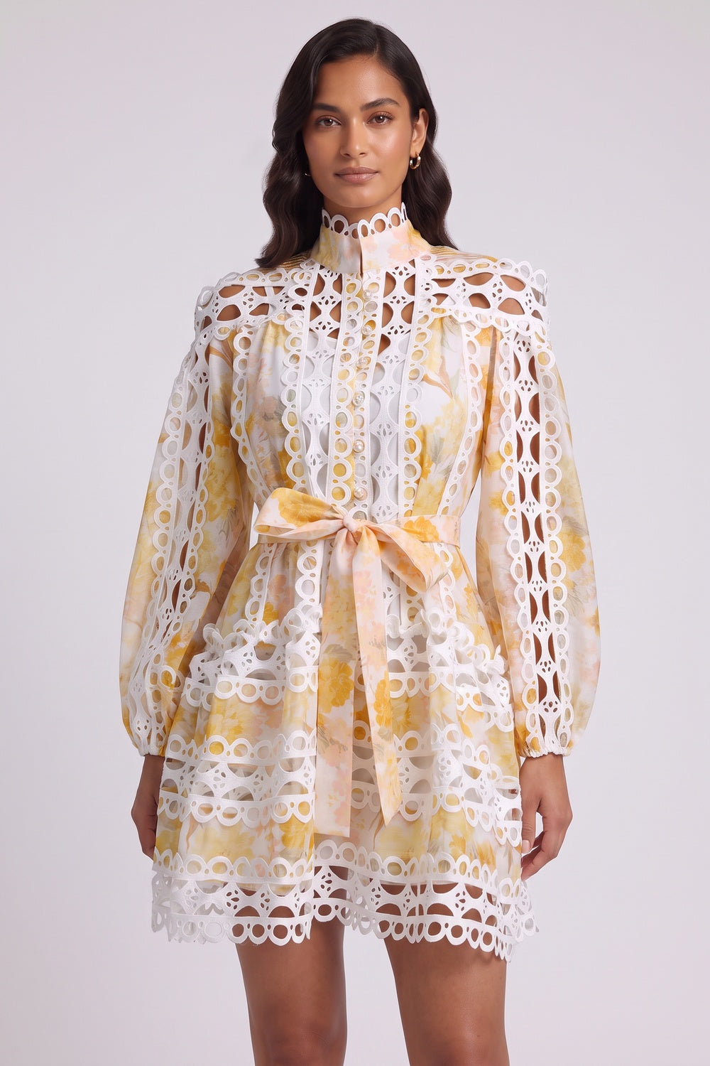 White & Yellow Floral A-Line Mini Dress with Lace Panels White, Yellow Lightweight woven cotton or linen blend Mini dress - product view 2