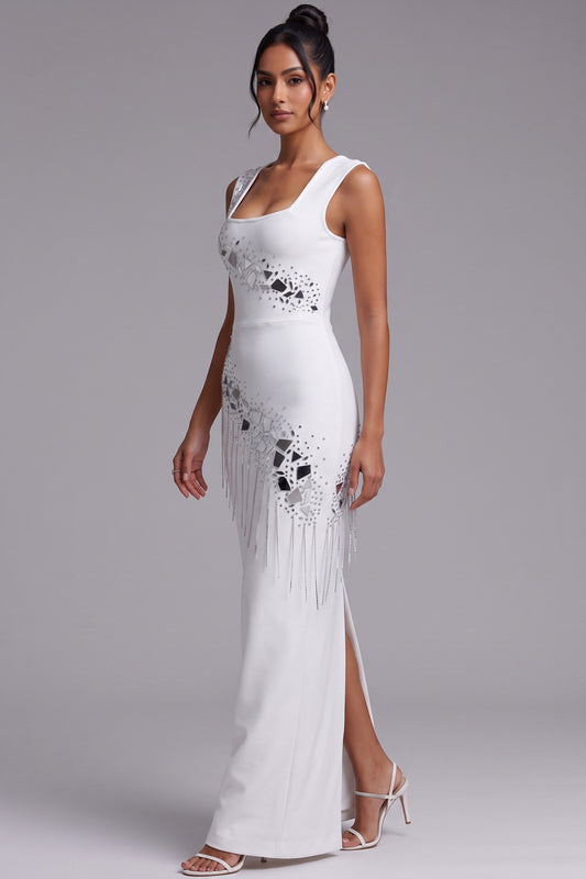 White Crepe Column Maxi Dress with Silver Rhinestone Embellishment white crepe dress - product view 4
