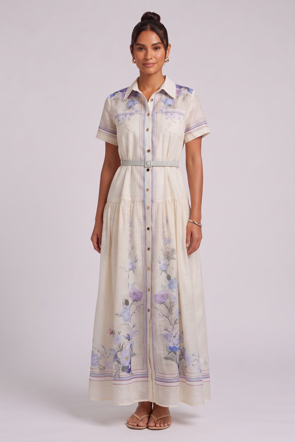 Cream Floral Collared Maxi Dress Premium Fabric - product view 5