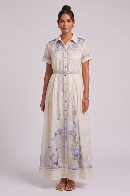 Cream Floral Collared Maxi Dress Premium Fabric - product view 5