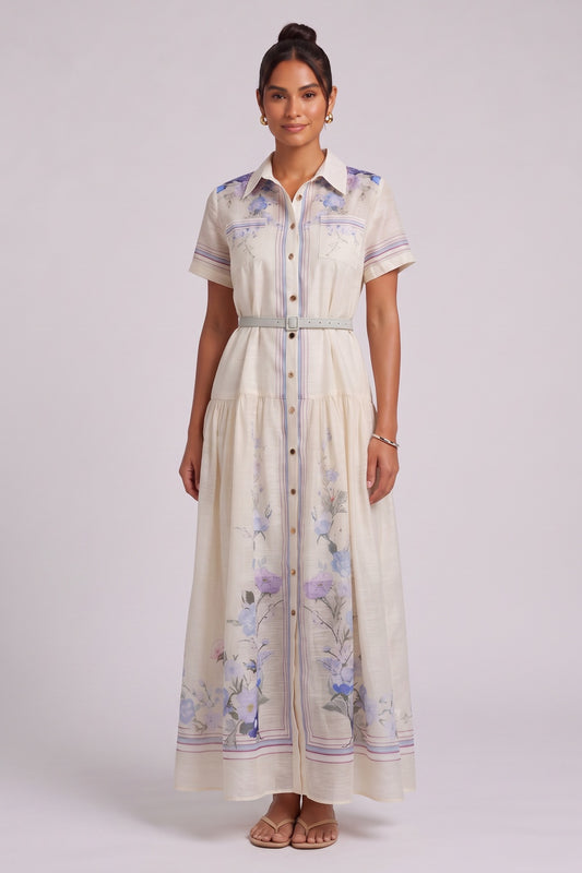 Cream Floral Collared Maxi Dress Premium Fabric - product view 5