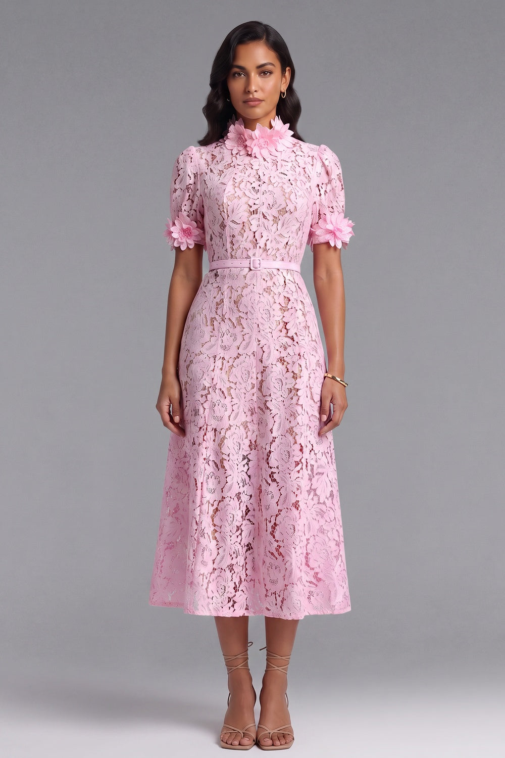 Pink Floral Lace A-Line Midi Dress pink floral lace dress - product view 2