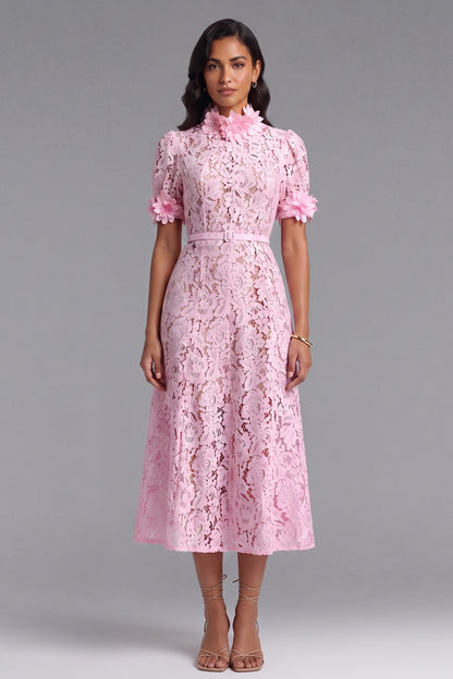 Pink Floral Lace A-Line Midi Dress pink floral lace dress - product view 2