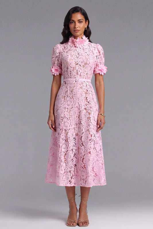 Pink Floral Lace A-Line Midi Dress pink floral lace dress - product view 2