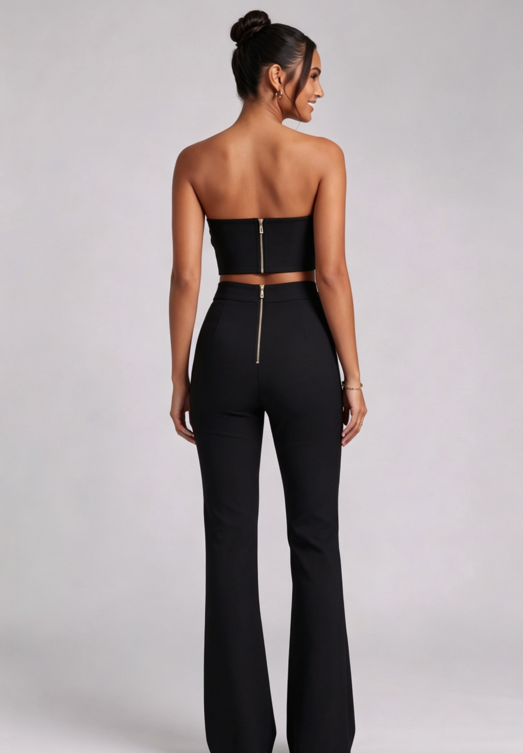 Black Stretch Crepe Two-Piece Set with 3D Rosette Halter Top and High-Waisted Flared Trousers