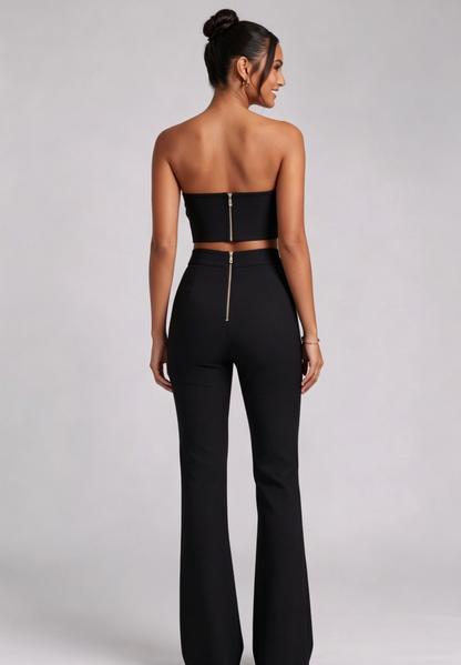 Black Stretch Crepe Two-Piece Set with 3D Rosette Halter Top and High-Waisted Flared Trousers
