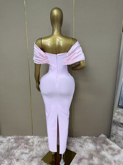 Light Pink Satin-Crepe Column Gown with Silver Sparkly Trim