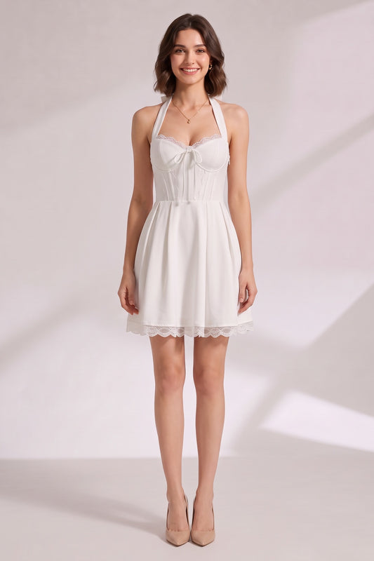 white woven fabric A-line dress white, black woven fabric dress - product view 4