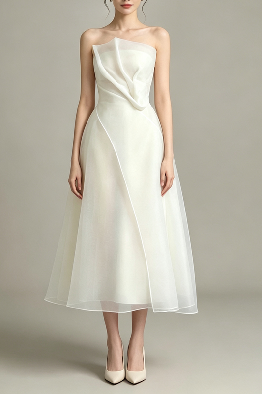 Strapless Layered Organza Midi Dress in white