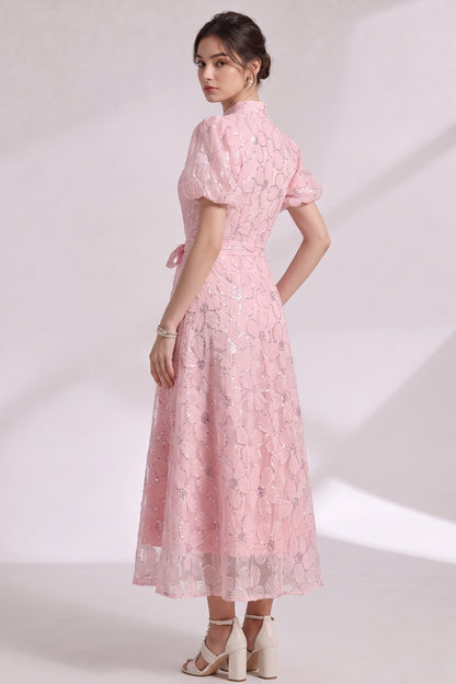 Light Pink Sheer Organza A-Line Midi Dress with Floral Applique light pink sheer organza or tulle overlay dress - product view 4