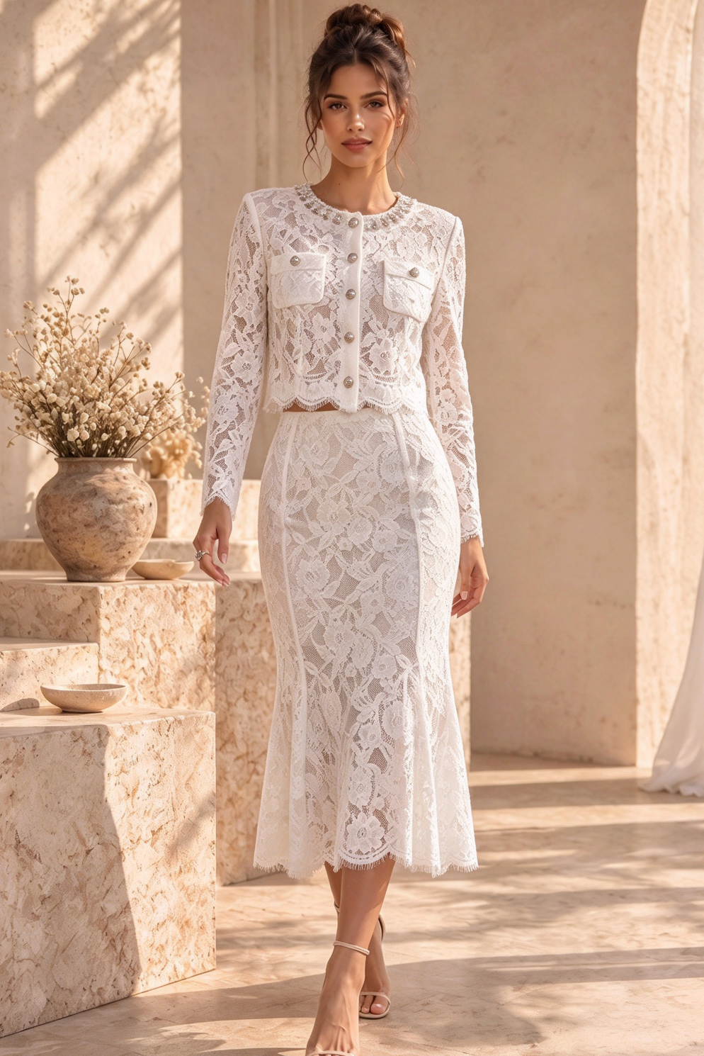 White Floral Corded Lace Two-Piece Skirt Suit
