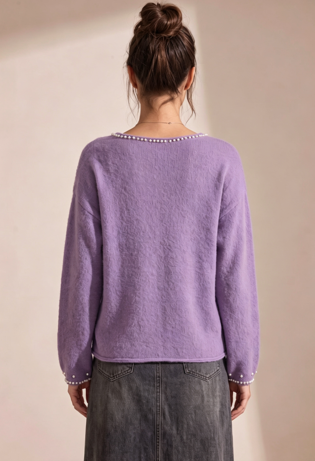 Lavender Purple Brushed Knit Pearl Embellished Sweater