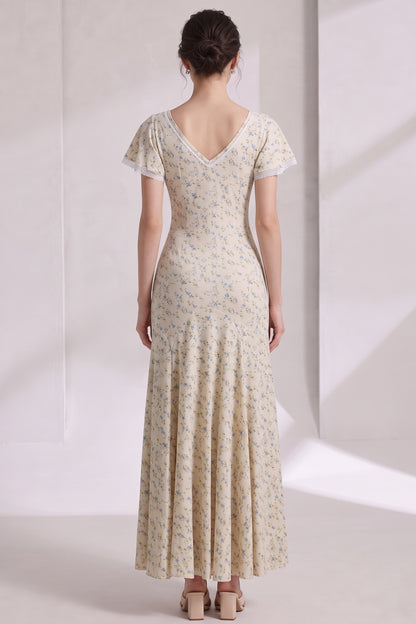 Cream Ditsy Floral Maxi Dress with Fitted Bodice and Flared Paneled Skirt cream, pale yellow lightweight woven fabric, likely rayon or cotton blend dress - product view 5