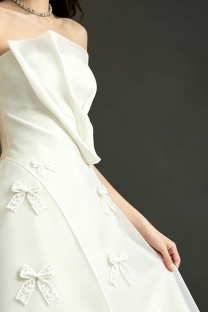 Draped Strapless Lace Bow Organza Mid Dress