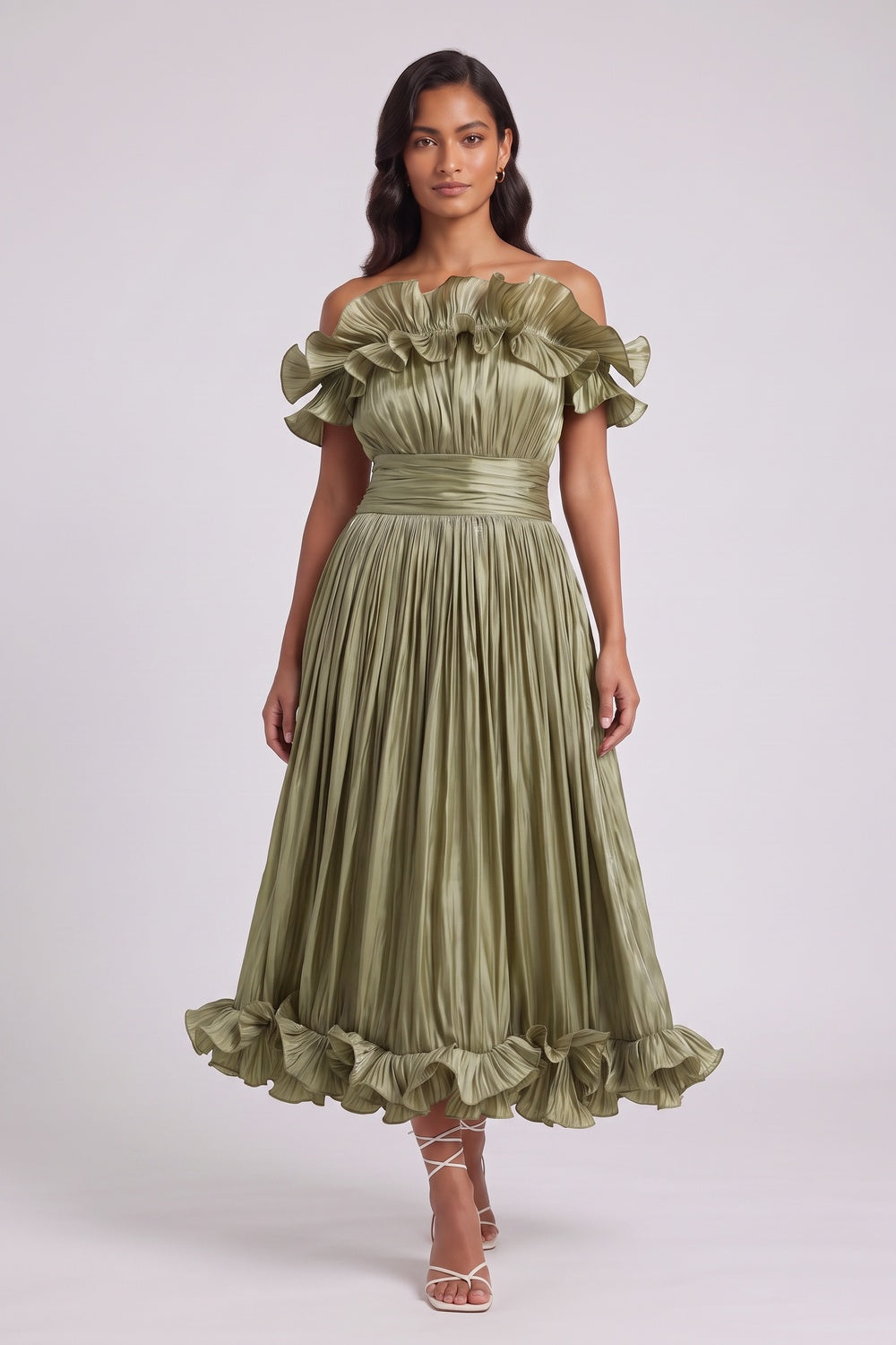 olive green pleated satin or taffeta fit-and-flare, off-the-shoulder midi dress olive green pleated satin or taffeta midi dress - product view 3