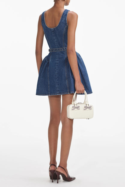 Flared Denim Mini Dress in blue