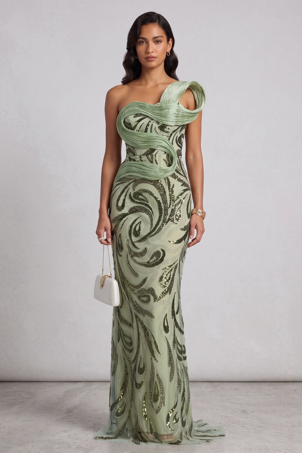 Sage Green One-Shoulder Sequin Embellished Floor-Length Gown Premium Fabric - product view 4