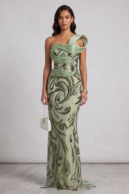 Sage Green One-Shoulder Sequin Embellished Floor-Length Gown Premium Fabric - product view 4