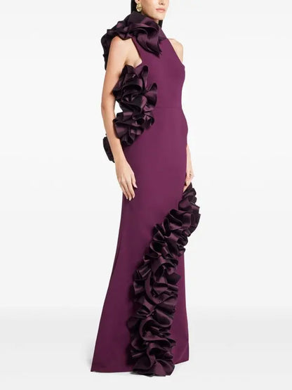 joanna ruffled-appliqué bodycon gown Claret